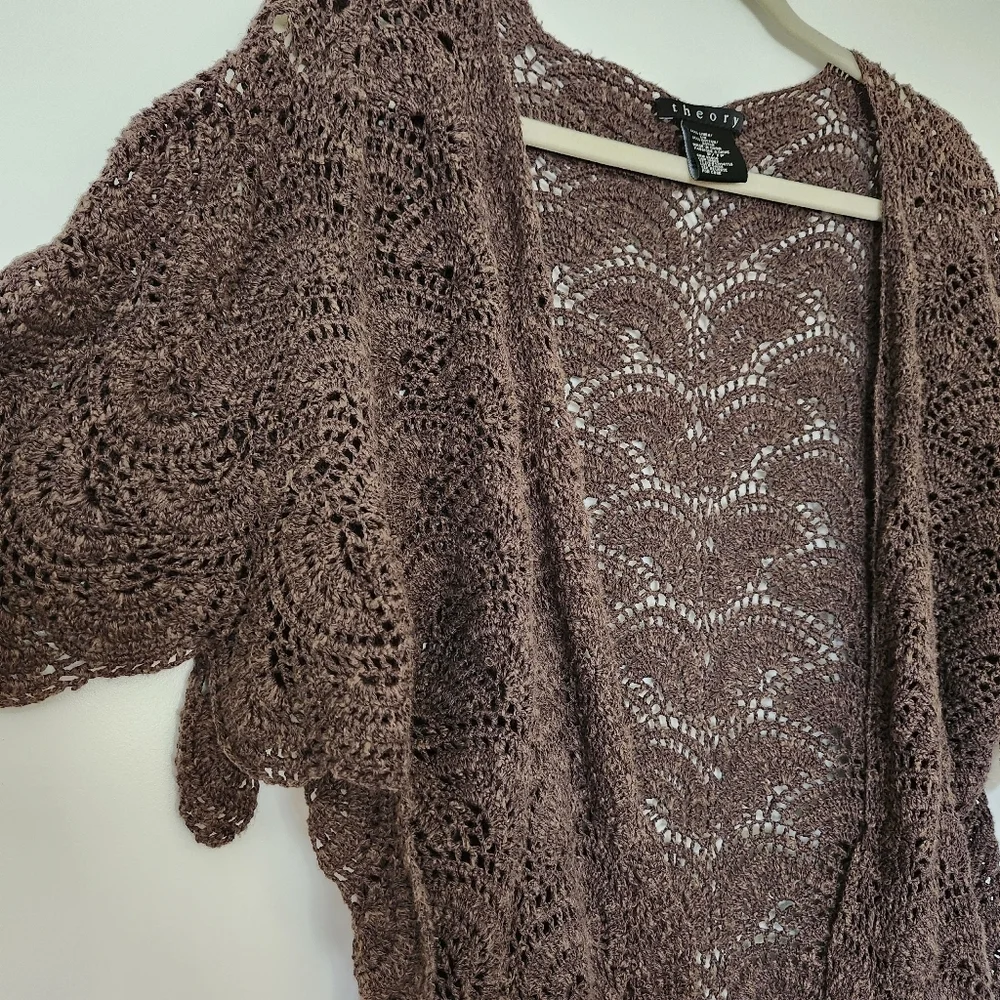Theory Brown Linen Blend Crochet Open Knit Cardigan XS